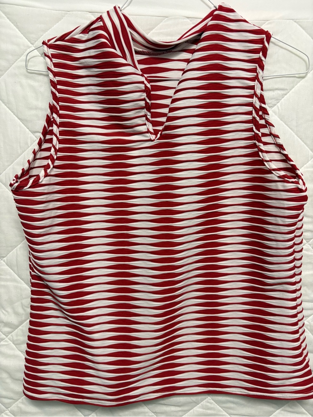 Sleeveless Red & White Striped Tank with Notch Neck